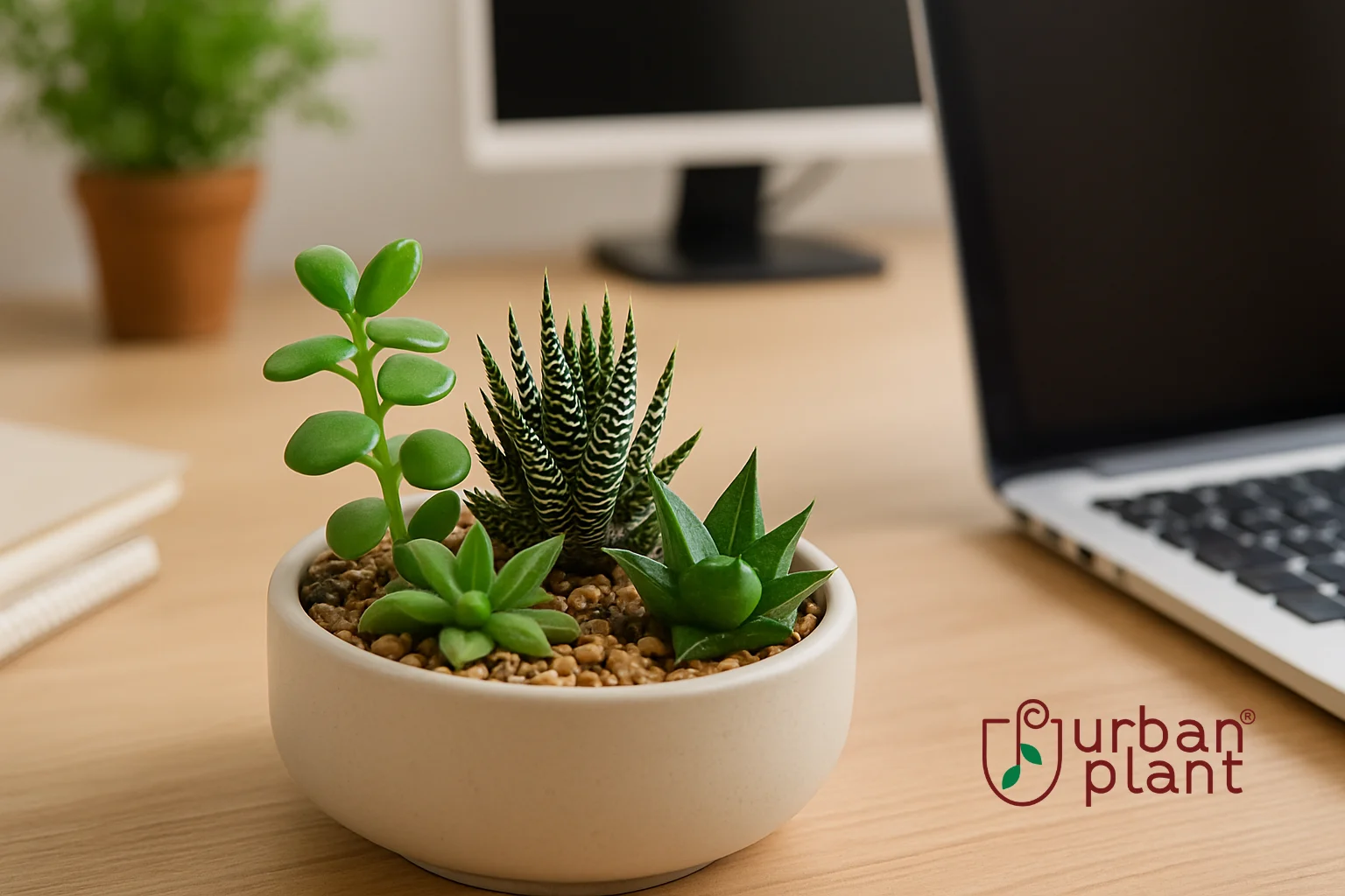 Succulent Mix or Haworthia – compact and stylish office desk plant arrangement in a small round planter on workspace desk – Urban Plant